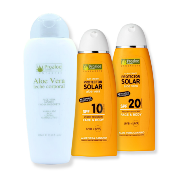 Pack protección solar media con Aloe Vera, leche corporal y rosa mosqueta