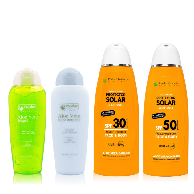 Pack Protección Familiar con Aloe Vera. Biogel Aloe Vera y Rosa Mosqueta, Leche Corporal y Protectores Solares SPF 30 y SPF 50