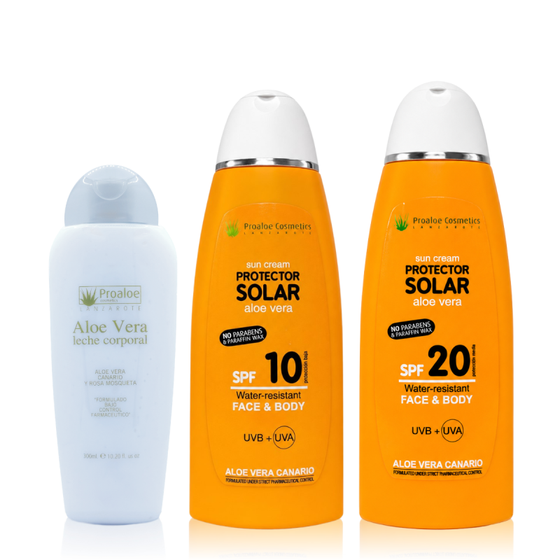 Pack Protección Solar Media con Aloe Vera. Leche Corporal Aloe Vera y Rosa Mosqueta, Protectores Solares SPF 10 y SPF 20