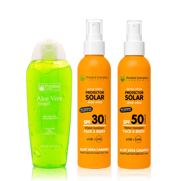 High Sun Protection Spray Pack with Aloe Vera. Aloe Vera & Rosehip Biogel, SPF 30 and SPF 50 Sunscreen Sprays
