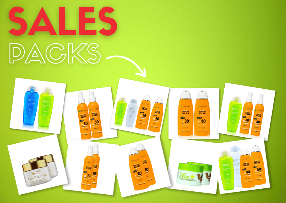 Sale on ProAloe Cosmetics Aloe Vera packs. Save on duo packs, sun care packs and body care packs with natural Aloe Vera.