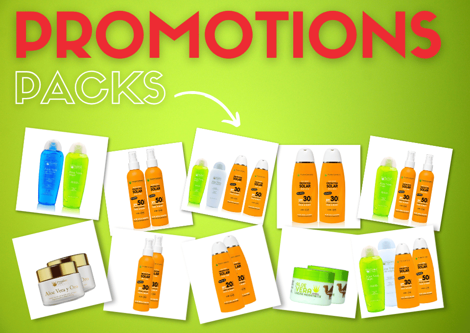 Promotions sur les packs Aloe Vera ProAloe Cosmetics. Économisez sur les packs duo, les packs solaires et les packs de soins du corps à l’Aloe Vera naturelle.